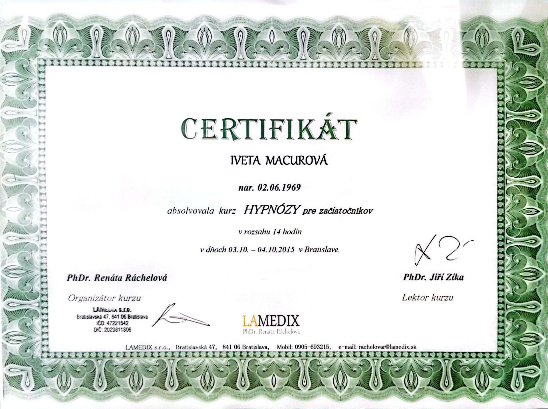 Certifikát Hypnóza pre začiatočníkov — LAMEDIX, 2015